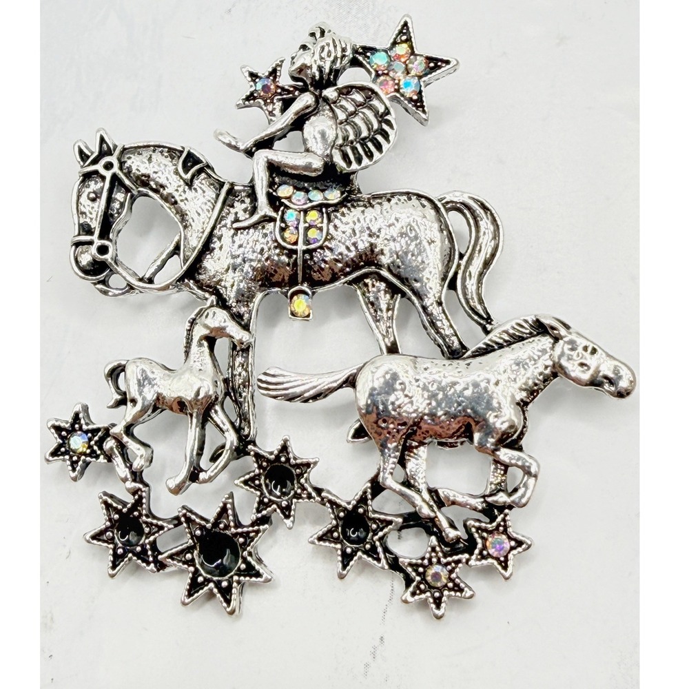 Cowgirl Horse Brooch Pendant AB Rhinestone Western Rodeo Stars Celestial